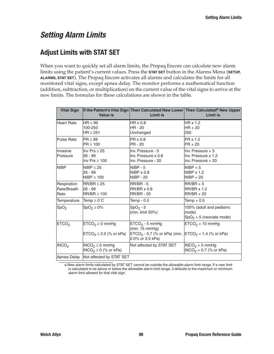 Setting alarm limits, Adjust limits with stat set | Welch Allyn 20хEL Propaq Encore Vital Signs Monitor - Reference Guide User Manual | Page 98 / 178