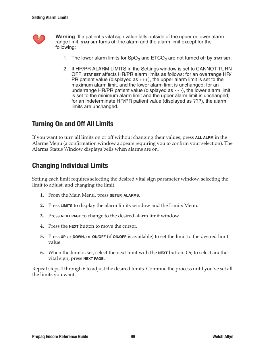 Turning on and off all limits, Changing individual limits | Welch Allyn 20хEL Propaq Encore Vital Signs Monitor - Reference Guide User Manual | Page 99 / 178