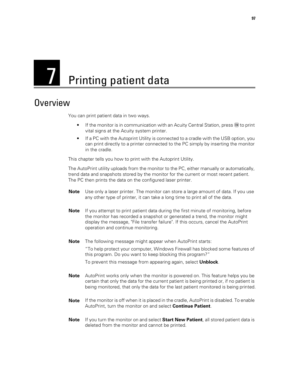 Printing patient data, Overview, 7 - printing patient data | Printing, Patient data | Welch Allyn 901061 Propaq LT Vital Signs Monitor - User Manual User Manual | Page 101 / 196
