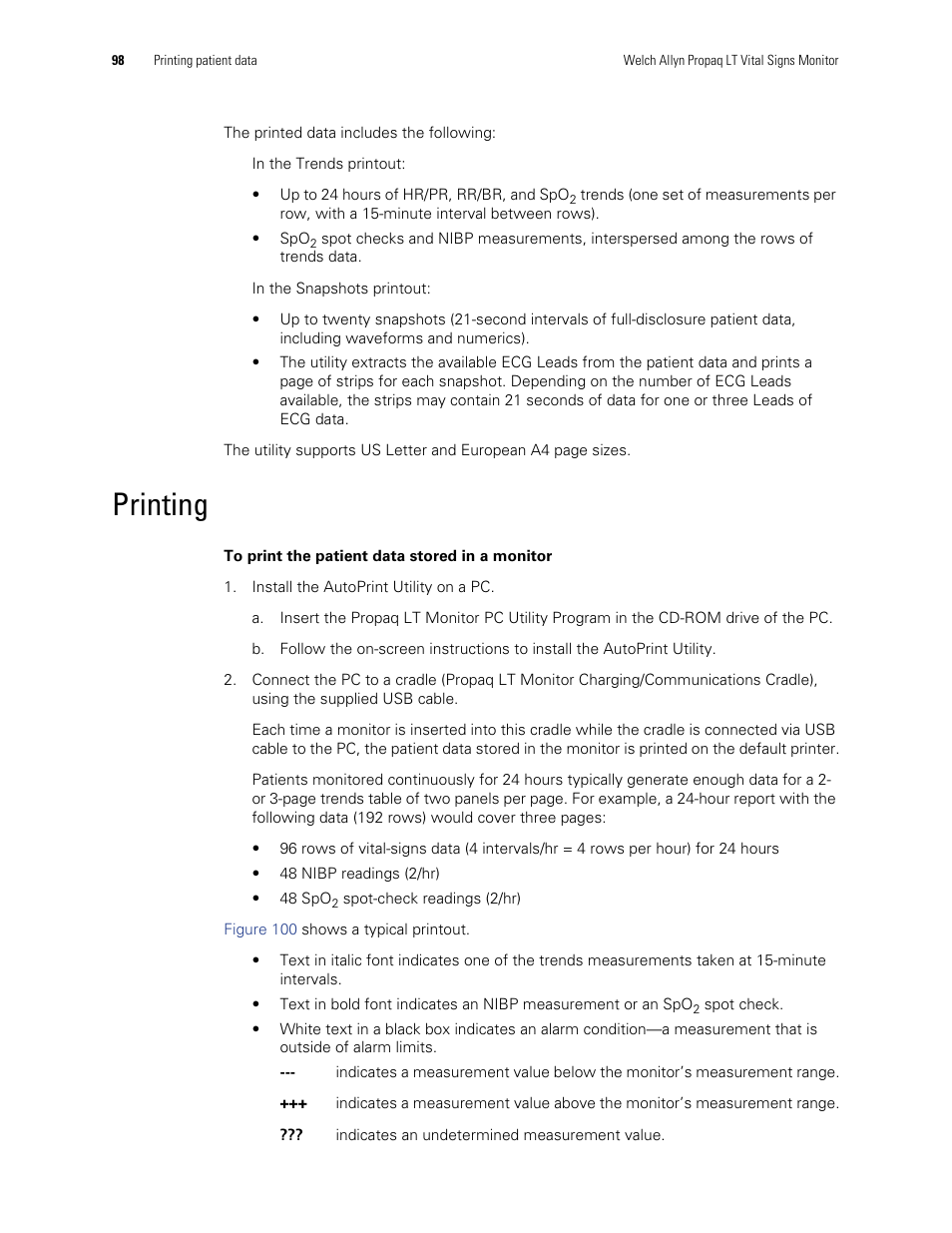 Printing | Welch Allyn 901061 Propaq LT Vital Signs Monitor - User Manual User Manual | Page 102 / 196