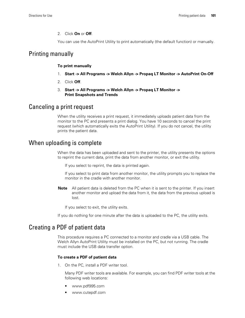 Printing manually, Canceling a print request, When uploading is complete | Creating a pdf of patient data | Welch Allyn 901061 Propaq LT Vital Signs Monitor - User Manual User Manual | Page 105 / 196