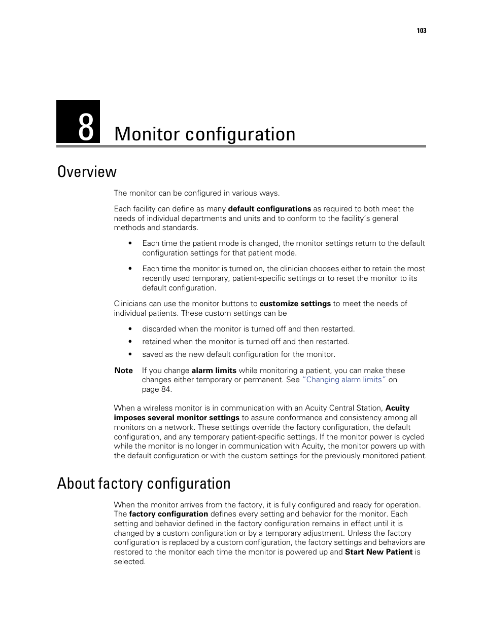 Monitor configuration, Overview, About factory configuration | 8 - monitor configuration, Overview about factory configuration, Monitor, Configuration | Welch Allyn 901061 Propaq LT Vital Signs Monitor - User Manual User Manual | Page 107 / 196