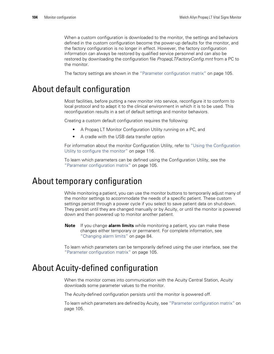 About default configuration, About temporary configuration, About acuity-defined configuration | Welch Allyn 901061 Propaq LT Vital Signs Monitor - User Manual User Manual | Page 108 / 196
