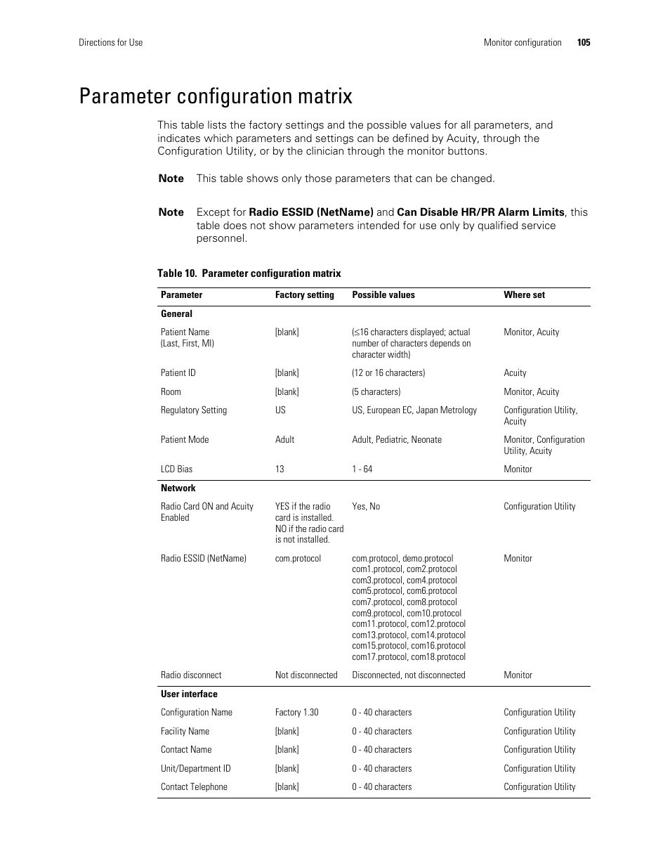 Parameter configuration matrix | Welch Allyn 901061 Propaq LT Vital Signs Monitor - User Manual User Manual | Page 109 / 196