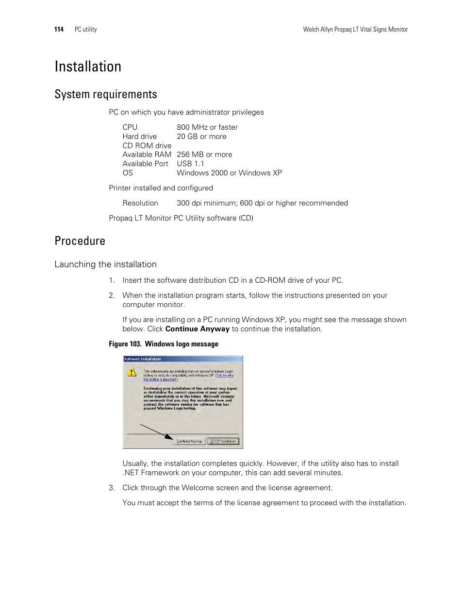 Installation, System requirements, Procedure | Welch Allyn 901061 Propaq LT Vital Signs Monitor - User Manual User Manual | Page 118 / 196