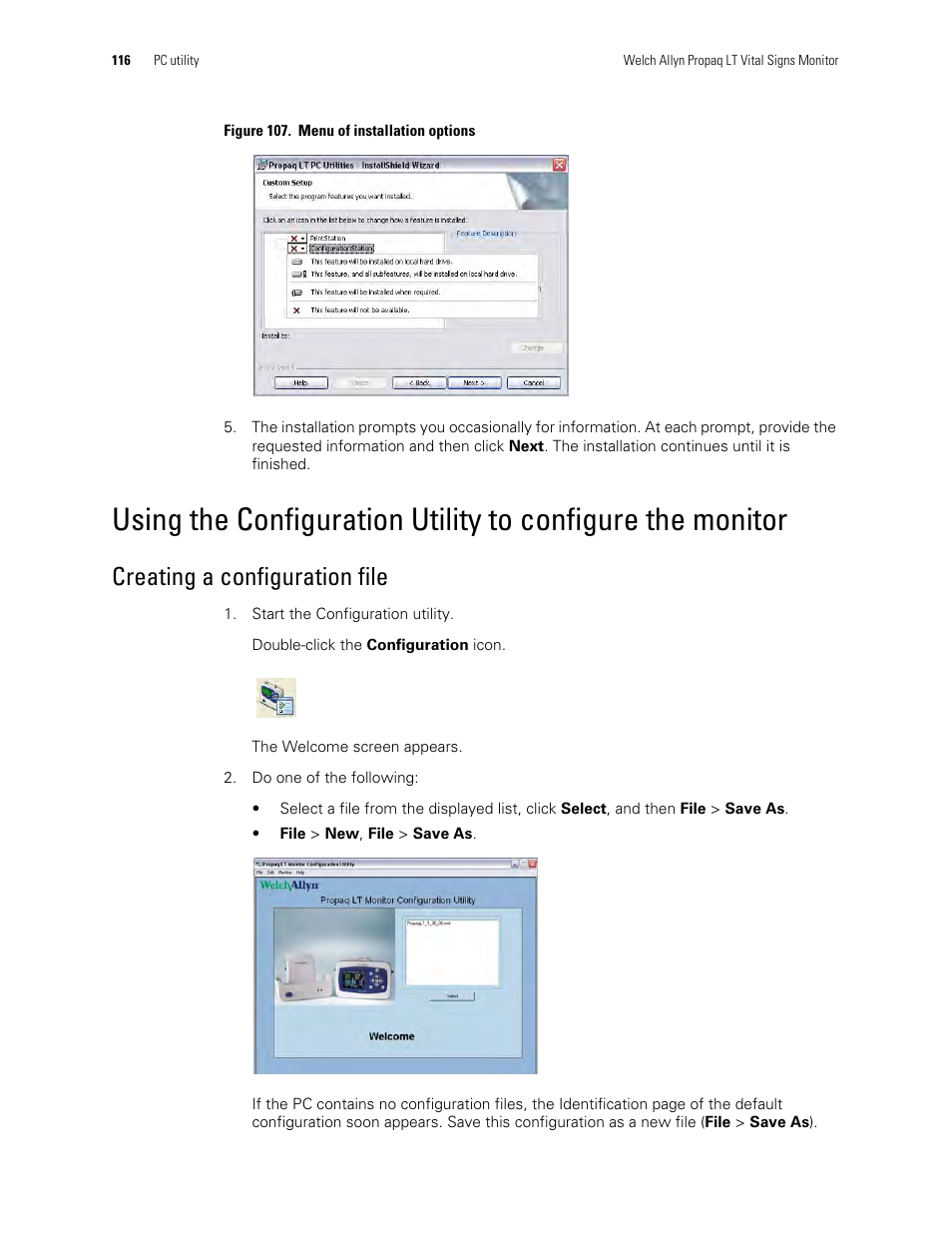 Using the configuration, Utility to configure the monitor, Creating a configuration file | Welch Allyn 901061 Propaq LT Vital Signs Monitor - User Manual User Manual | Page 120 / 196