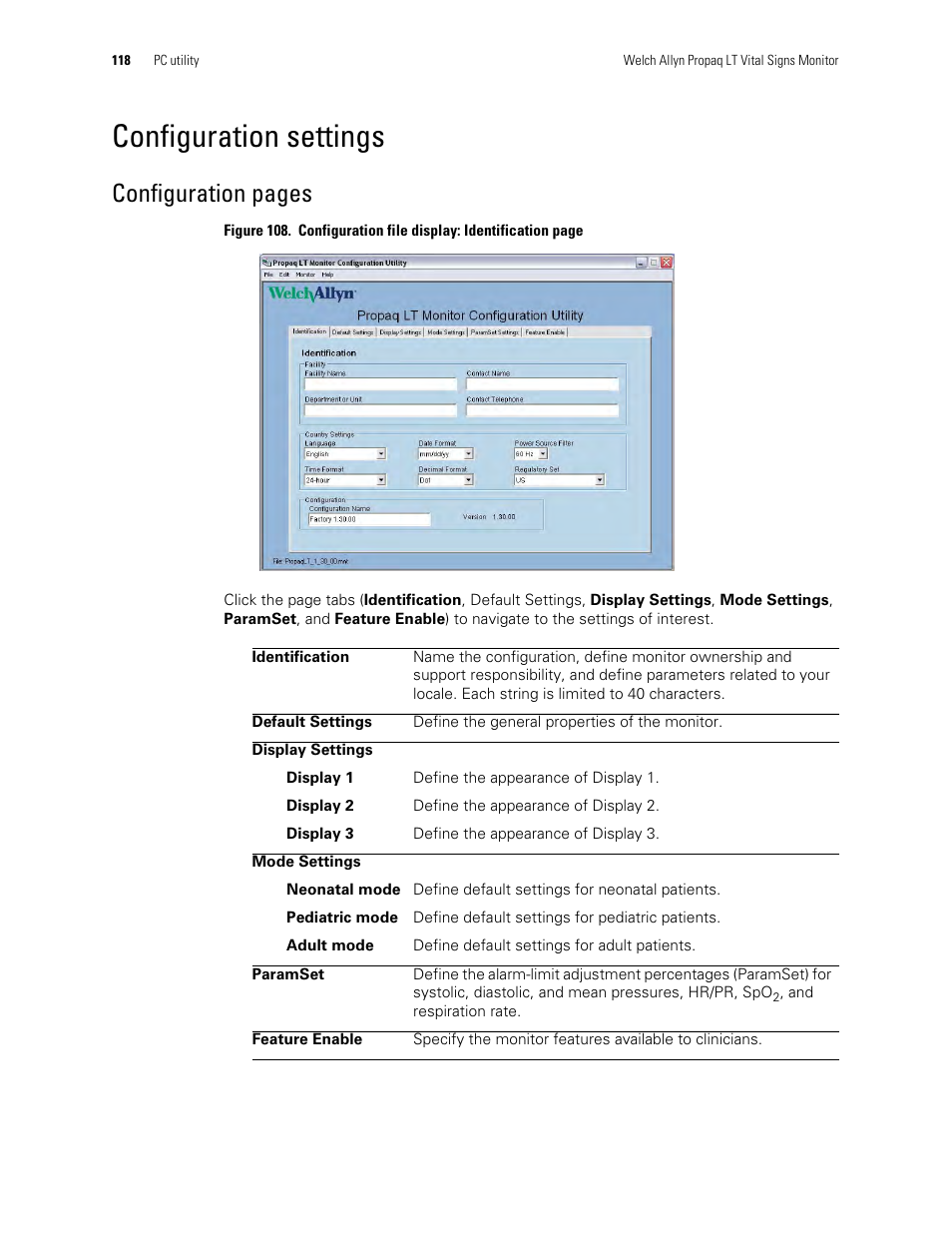 Configuration settings, Configuration pages | Welch Allyn 901061 Propaq LT Vital Signs Monitor - User Manual User Manual | Page 122 / 196