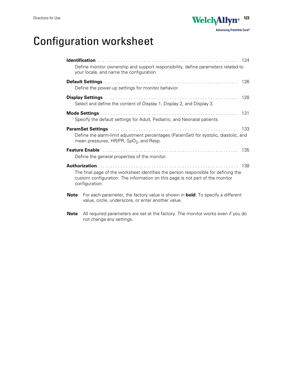 Configuration worksheet, Configuration, Worksheet | Welch Allyn 901061 Propaq LT Vital Signs Monitor - User Manual User Manual | Page 127 / 196