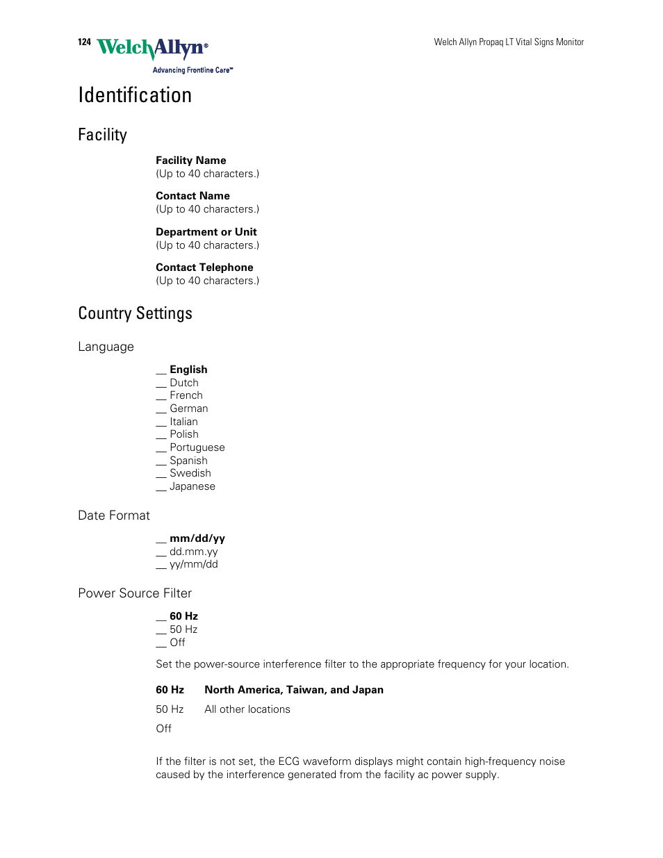 Identification, Facility, Country settings | Welch Allyn 901061 Propaq LT Vital Signs Monitor - User Manual User Manual | Page 128 / 196