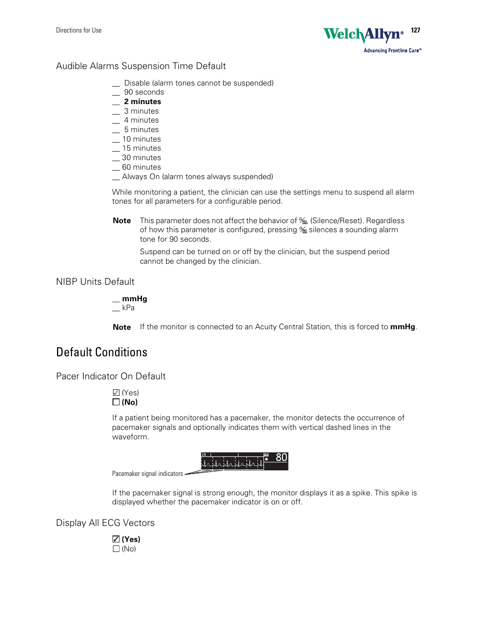 Default conditions, Audible alarms suspension time default, Nibp units default | Pacer indicator on default, Display all ecg vectors | Welch Allyn 901061 Propaq LT Vital Signs Monitor - User Manual User Manual | Page 131 / 196