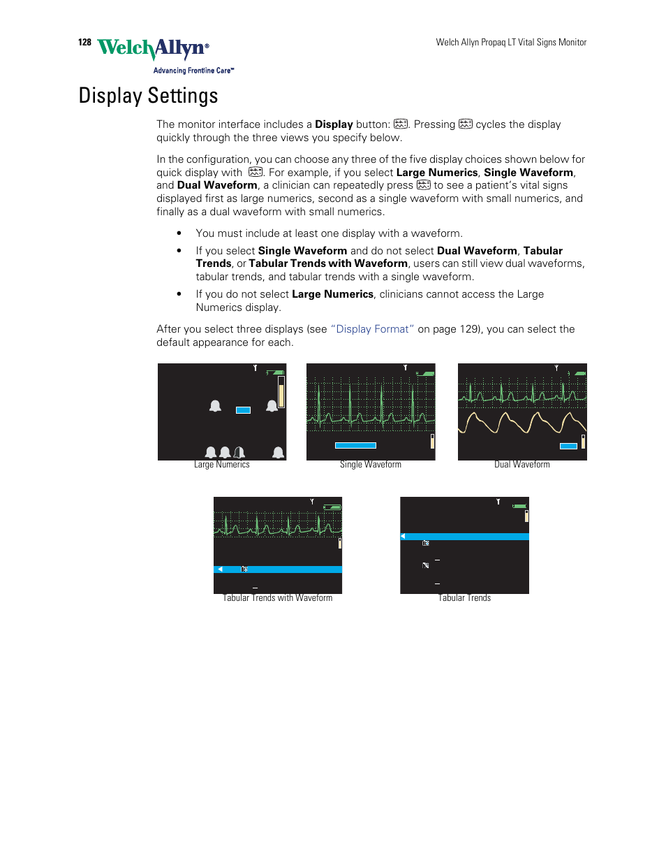 Display settings, 128 welch allyn propaq lt vital signs monitor | Welch Allyn 901061 Propaq LT Vital Signs Monitor - User Manual User Manual | Page 132 / 196