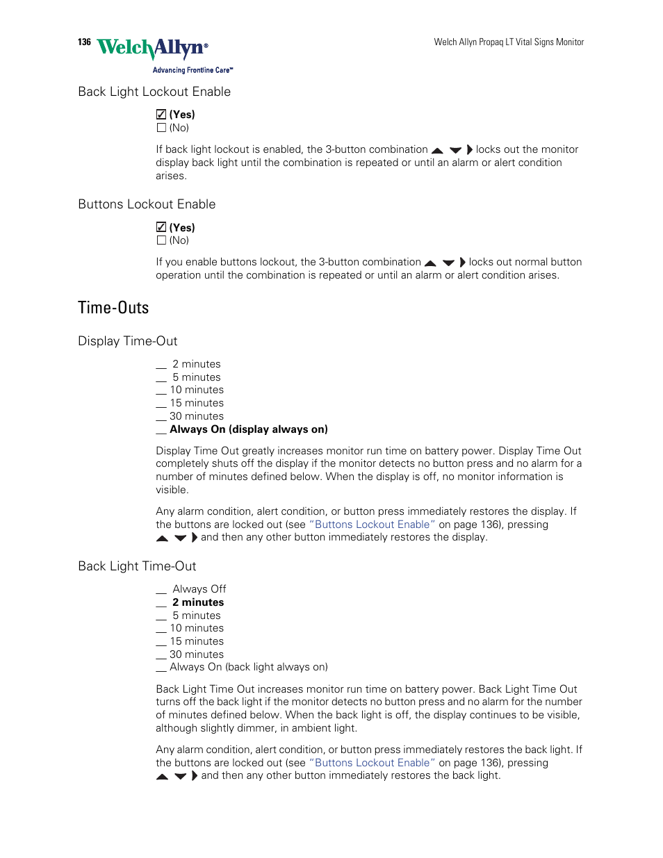 Time-outs | Welch Allyn 901061 Propaq LT Vital Signs Monitor - User Manual User Manual | Page 140 / 196