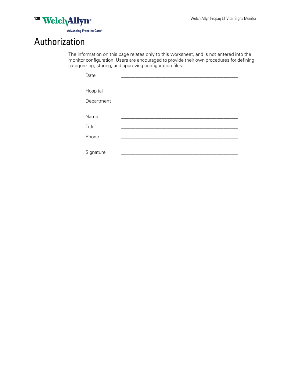 Authorization | Welch Allyn 901061 Propaq LT Vital Signs Monitor - User Manual User Manual | Page 142 / 196