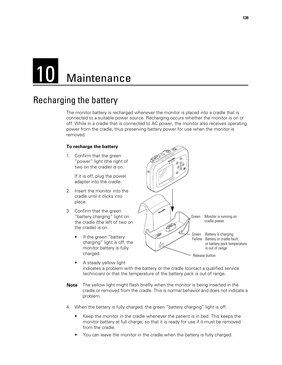 Maintenance, Recharging the battery, 10 - maintenance | Welch Allyn 901061 Propaq LT Vital Signs Monitor - User Manual User Manual | Page 143 / 196