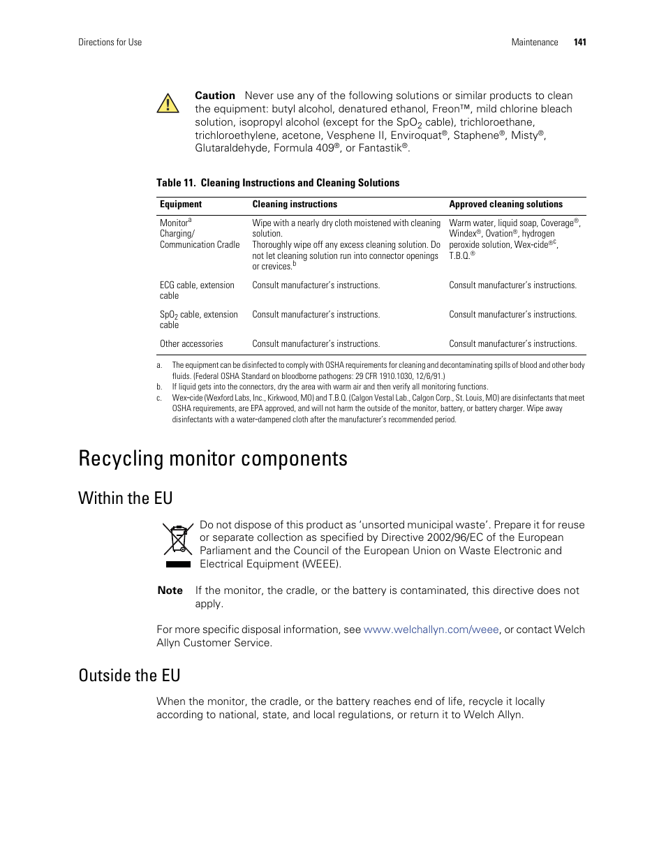 Recycling monitor components, Within the eu, Outside the eu | Welch Allyn 901061 Propaq LT Vital Signs Monitor - User Manual User Manual | Page 145 / 196