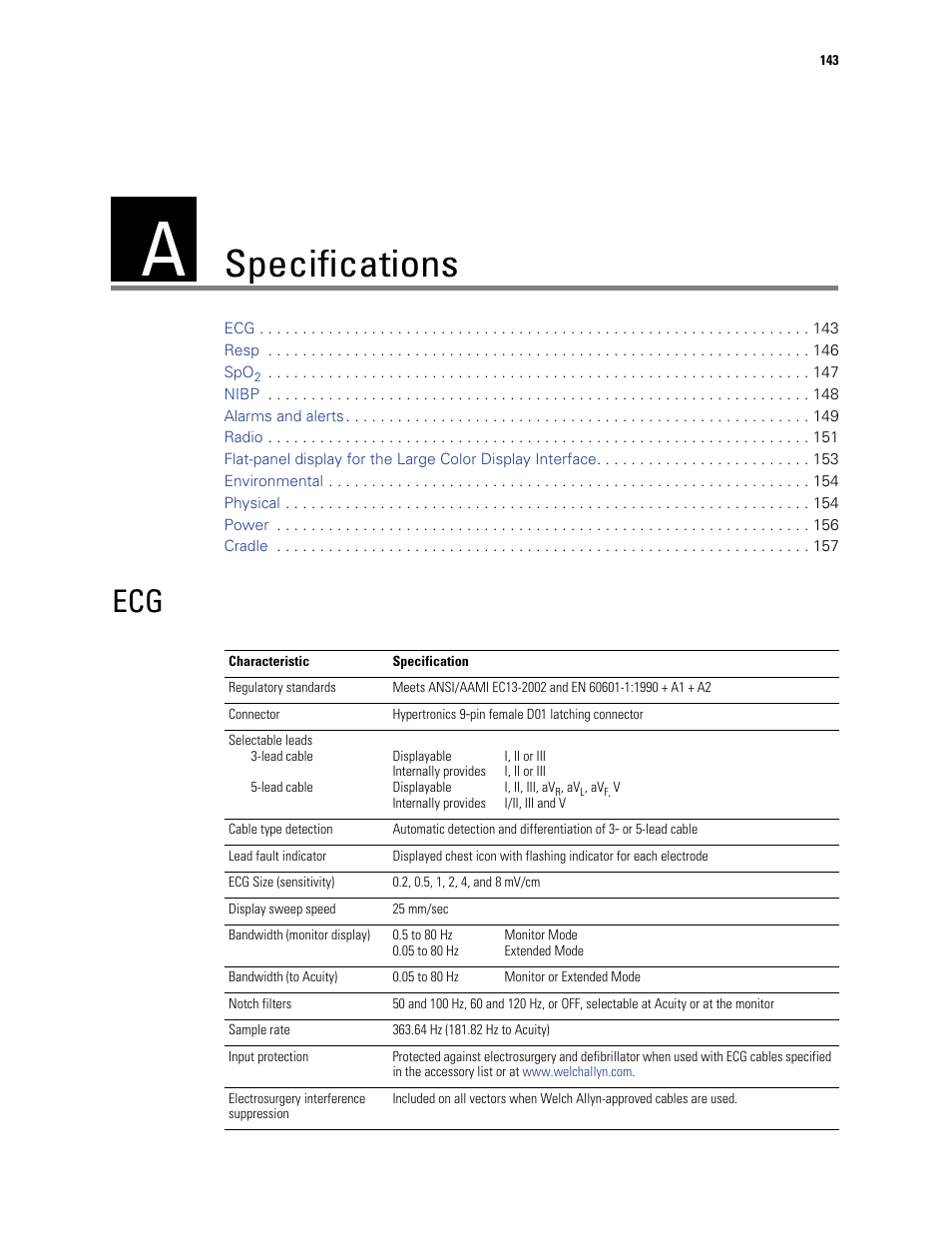 Specifications, A - specifications | Welch Allyn 901061 Propaq LT Vital Signs Monitor - User Manual User Manual | Page 147 / 196