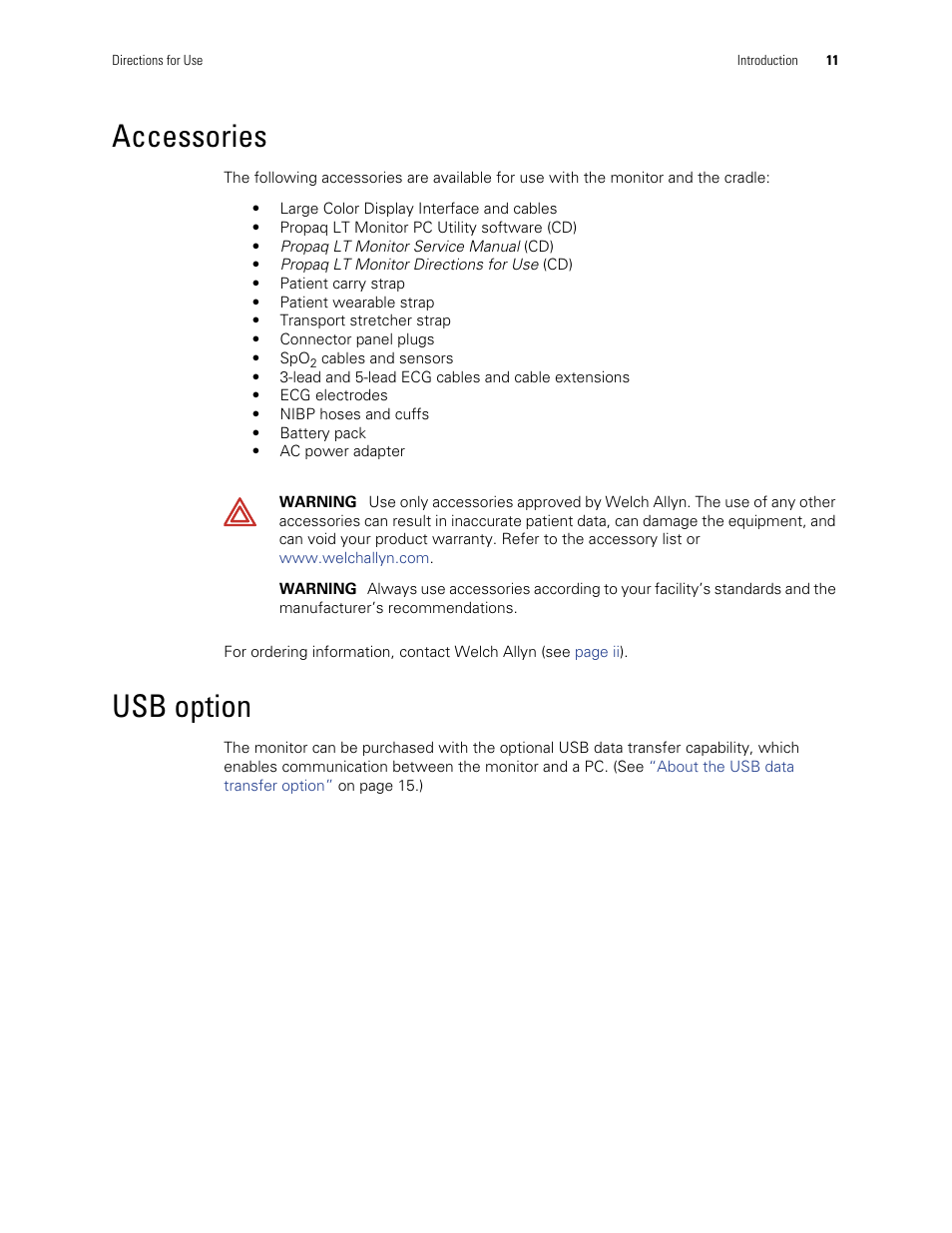 Accessories, Usb option, Accessories usb option | Welch Allyn 901061 Propaq LT Vital Signs Monitor - User Manual User Manual | Page 15 / 196