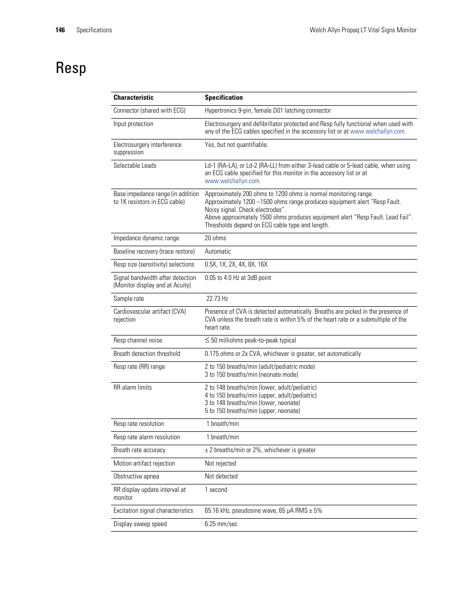 Resp | Welch Allyn 901061 Propaq LT Vital Signs Monitor - User Manual User Manual | Page 150 / 196