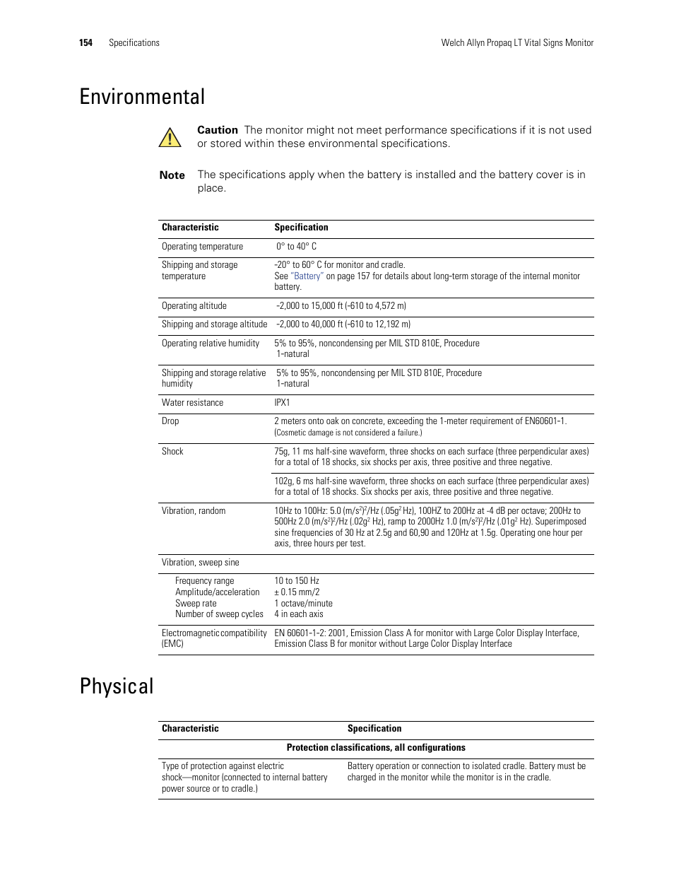 Physical, Environmental physical | Welch Allyn 901061 Propaq LT Vital Signs Monitor - User Manual User Manual | Page 158 / 196
