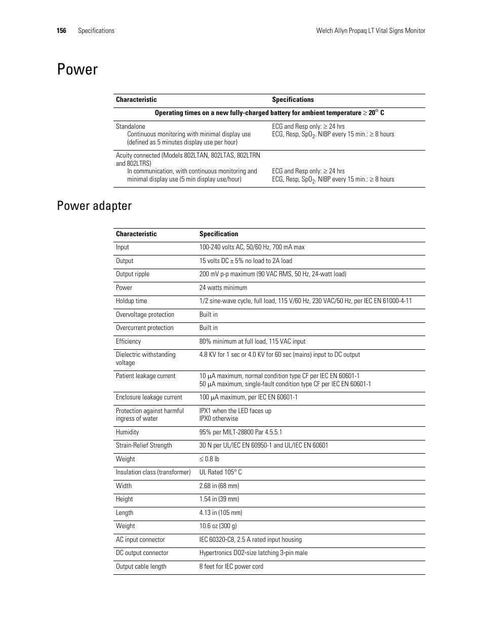 Power, Power adapter | Welch Allyn 901061 Propaq LT Vital Signs Monitor - User Manual User Manual | Page 160 / 196