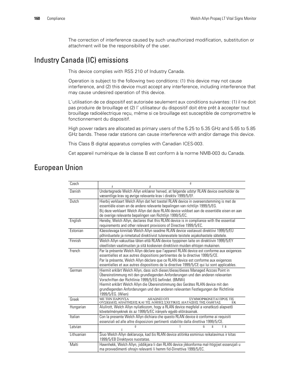 Industry canada (ic) emissions, European union | Welch Allyn 901061 Propaq LT Vital Signs Monitor - User Manual User Manual | Page 164 / 196