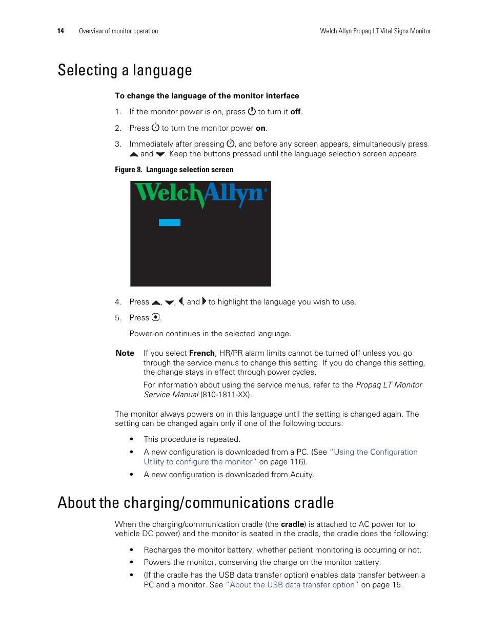 Selecting a language, About the charging/communications cradle | Welch Allyn 901061 Propaq LT Vital Signs Monitor - User Manual User Manual | Page 18 / 196