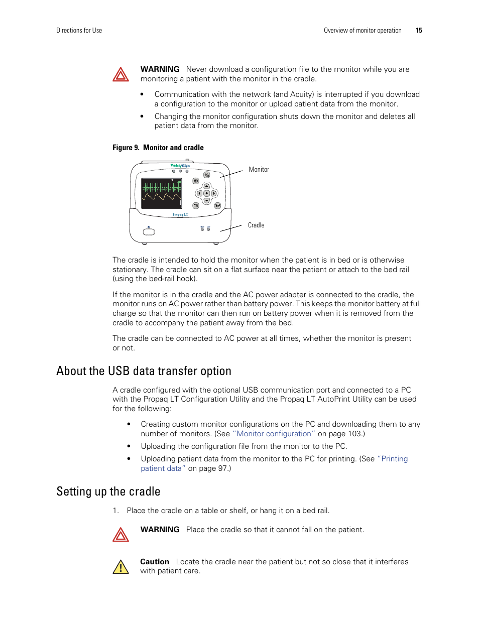 About the usb data, Transfer option, About the usb data transfer option | Setting up the cradle, Cradle monitor | Welch Allyn 901061 Propaq LT Vital Signs Monitor - User Manual User Manual | Page 19 / 196