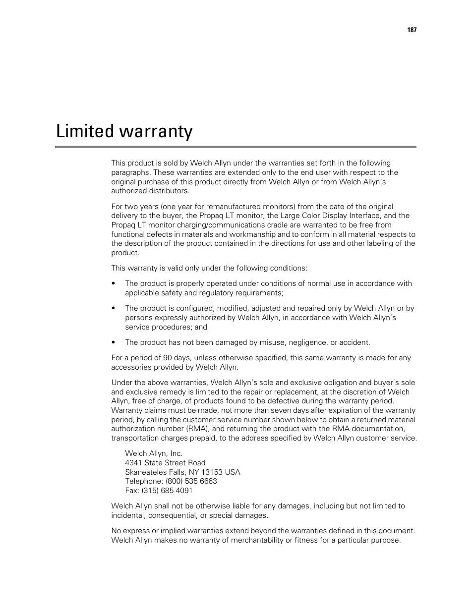 Limited warranty | Welch Allyn 901061 Propaq LT Vital Signs Monitor - User Manual User Manual | Page 191 / 196