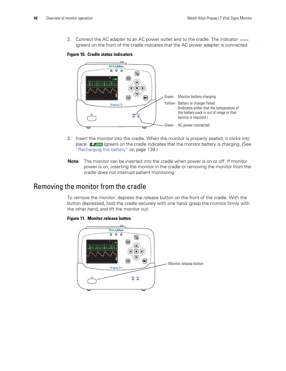 Removing the monitor from the cradle, Monitor release button | Welch Allyn 901061 Propaq LT Vital Signs Monitor - User Manual User Manual | Page 20 / 196