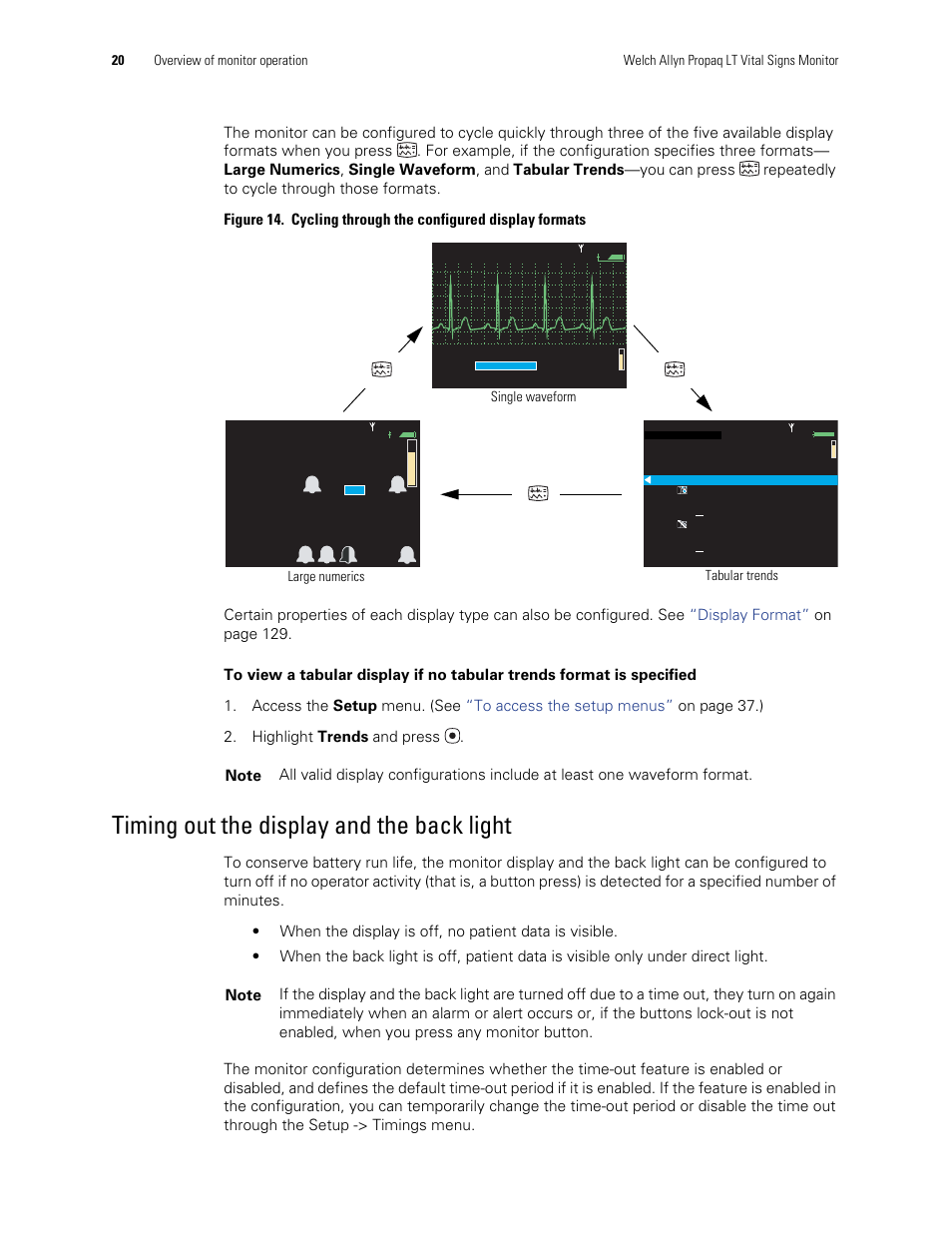 Timing out the display and the back light | Welch Allyn 901061 Propaq LT Vital Signs Monitor - User Manual User Manual | Page 24 / 196