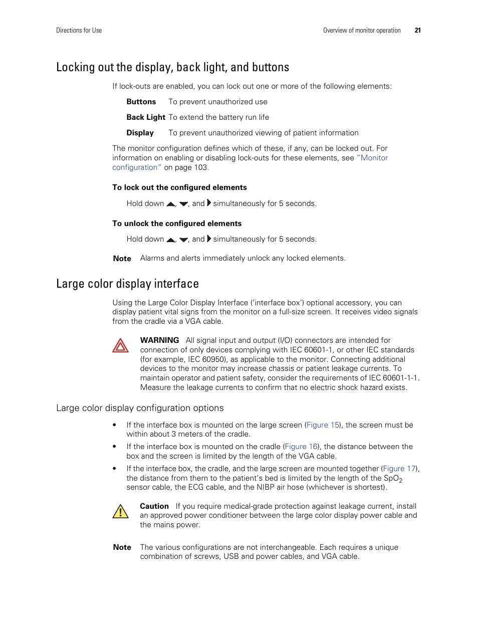 Locking out the display, back light, and buttons, Large color display interface | Welch Allyn 901061 Propaq LT Vital Signs Monitor - User Manual User Manual | Page 25 / 196