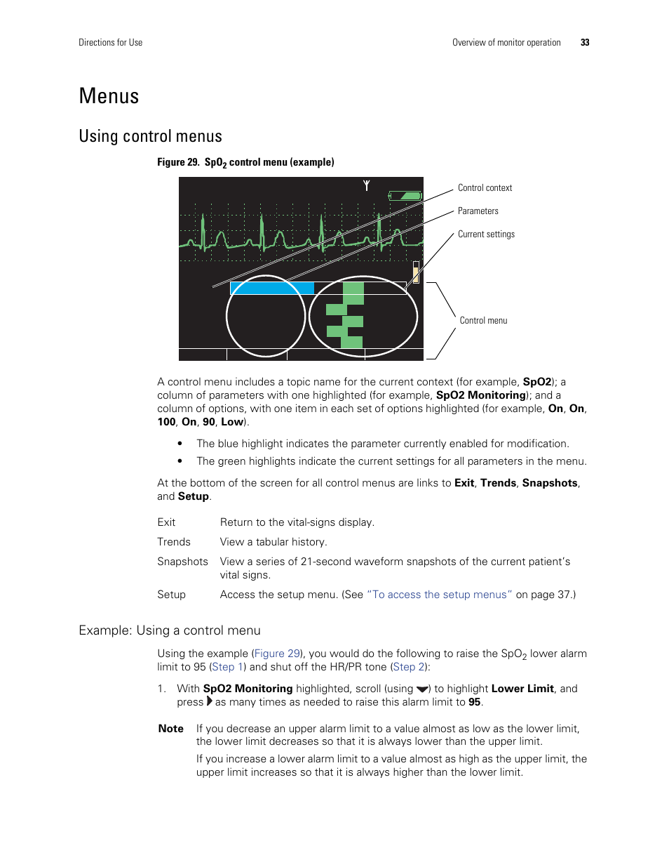 Menus, Figure 29, Using control menus | Example: using a control menu | Welch Allyn 901061 Propaq LT Vital Signs Monitor - User Manual User Manual | Page 37 / 196