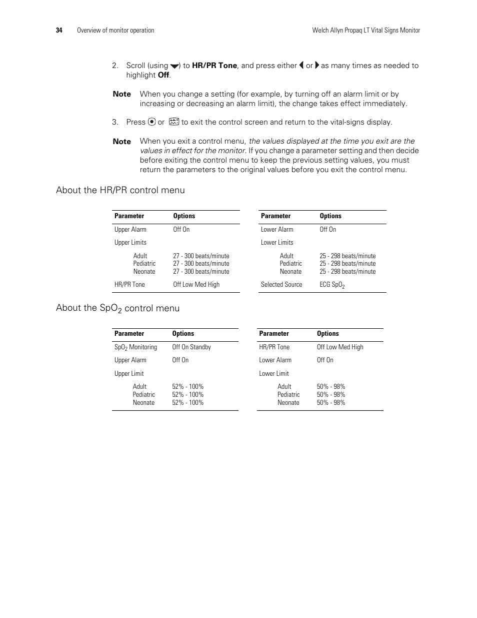Step 2, About the hr/pr control menu about the spo, Control menu | Welch Allyn 901061 Propaq LT Vital Signs Monitor - User Manual User Manual | Page 38 / 196