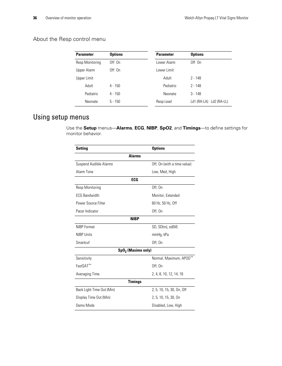Using setup menus, About the resp control menu | Welch Allyn 901061 Propaq LT Vital Signs Monitor - User Manual User Manual | Page 40 / 196