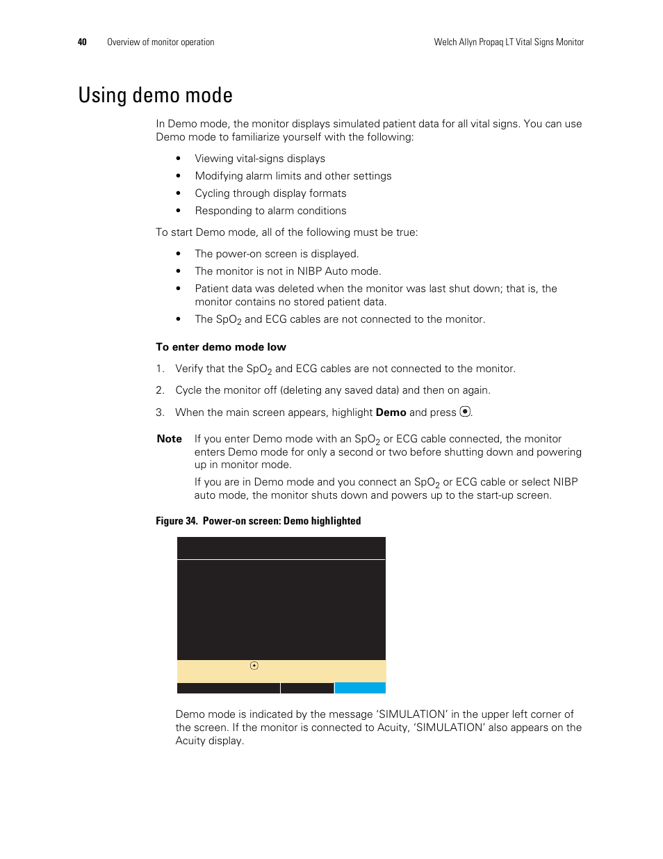 Using demo mode | Welch Allyn 901061 Propaq LT Vital Signs Monitor - User Manual User Manual | Page 44 / 196
