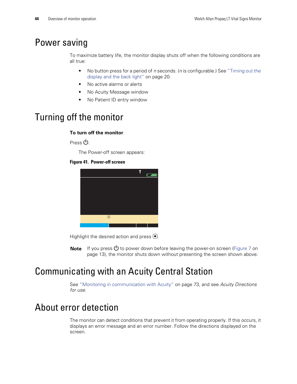 Power saving, Turning off the monitor, Communicating with an acuity central station | About error detection | Welch Allyn 901061 Propaq LT Vital Signs Monitor - User Manual User Manual | Page 48 / 196