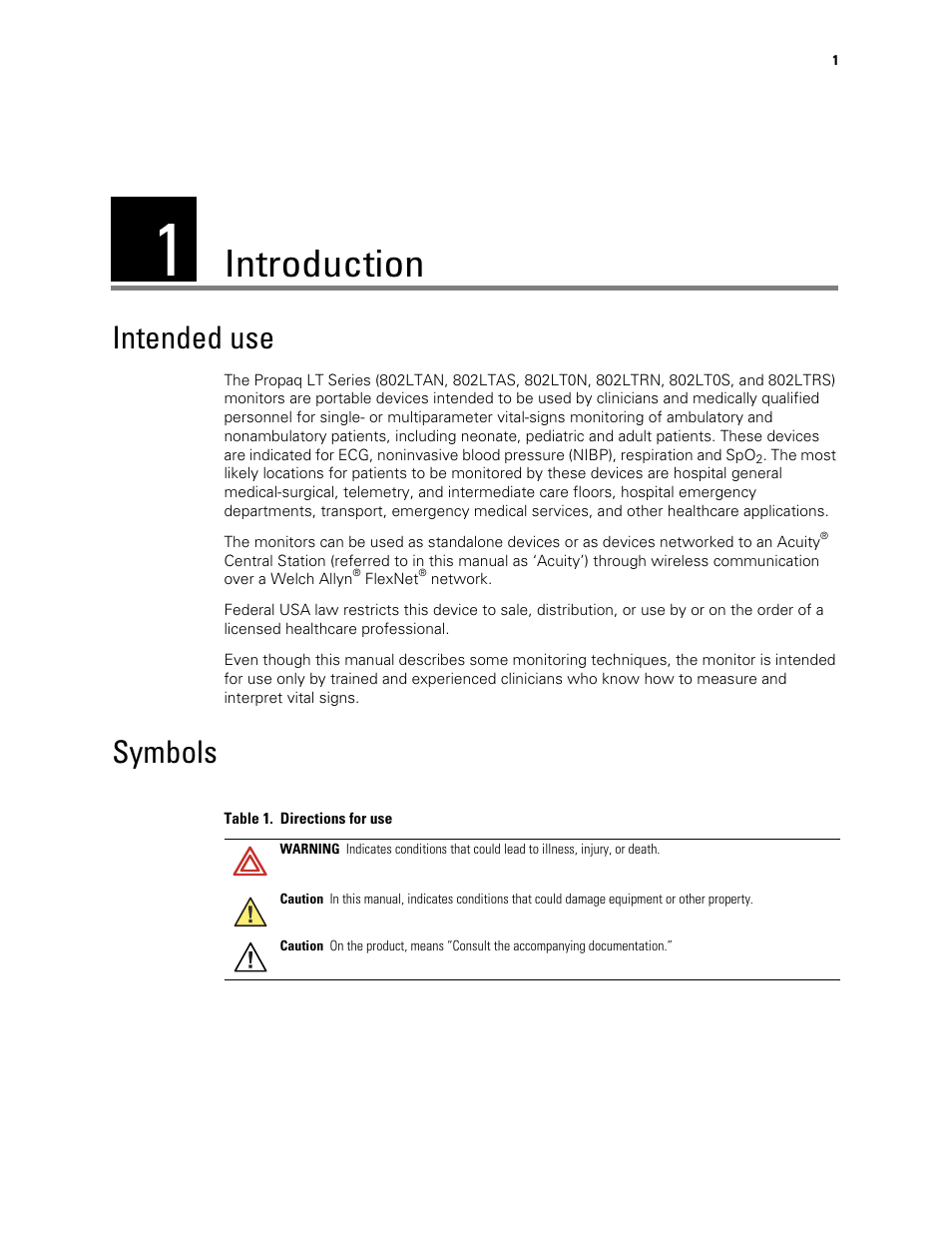 Introduction, Intended use, Symbols | 1 - introduction, Intended use symbols | Welch Allyn 901061 Propaq LT Vital Signs Monitor - User Manual User Manual | Page 5 / 196