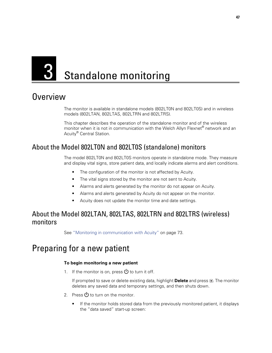 Standalone monitoring, Overview, Preparing for a new patient | 3 - standalone monitoring, Overview preparing for a new patient | Welch Allyn 901061 Propaq LT Vital Signs Monitor - User Manual User Manual | Page 51 / 196