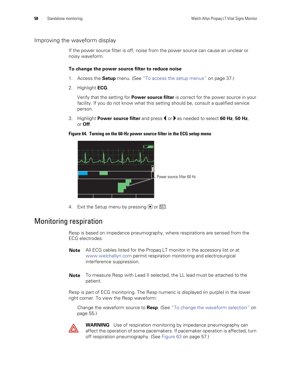 Monitoring respiration, Improving the waveform display | Welch Allyn 901061 Propaq LT Vital Signs Monitor - User Manual User Manual | Page 62 / 196
