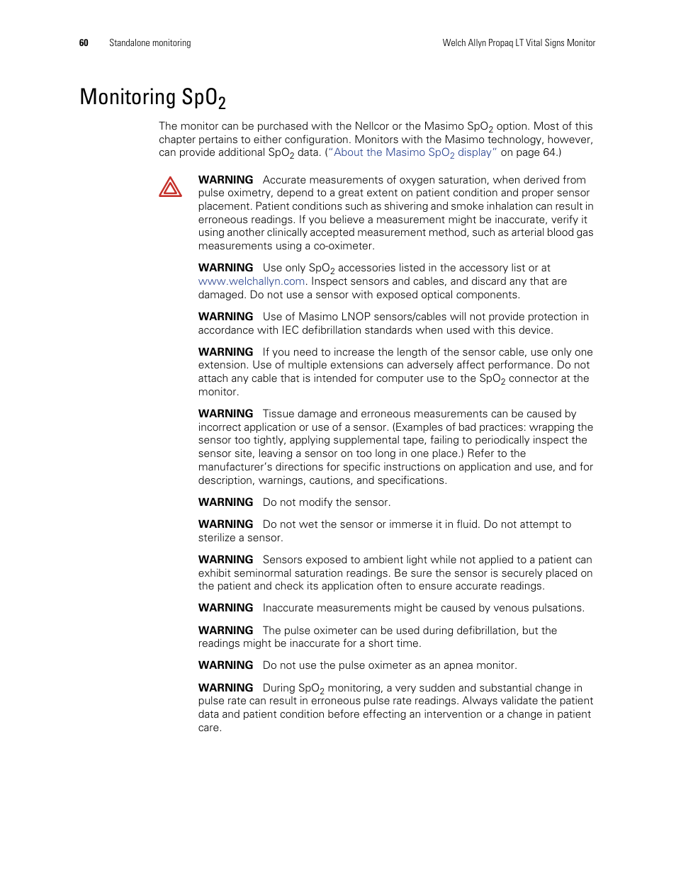 Monitoring spo2, Monitoring spo | Welch Allyn 901061 Propaq LT Vital Signs Monitor - User Manual User Manual | Page 64 / 196