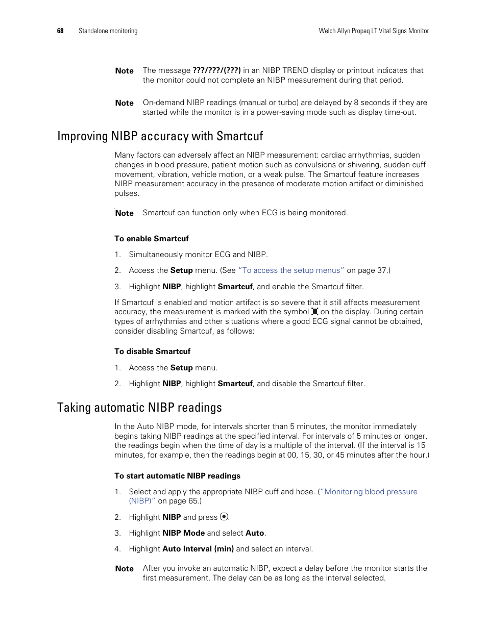 Improving nibp accuracy with smartcuf, Taking automatic nibp readings | Welch Allyn 901061 Propaq LT Vital Signs Monitor - User Manual User Manual | Page 72 / 196