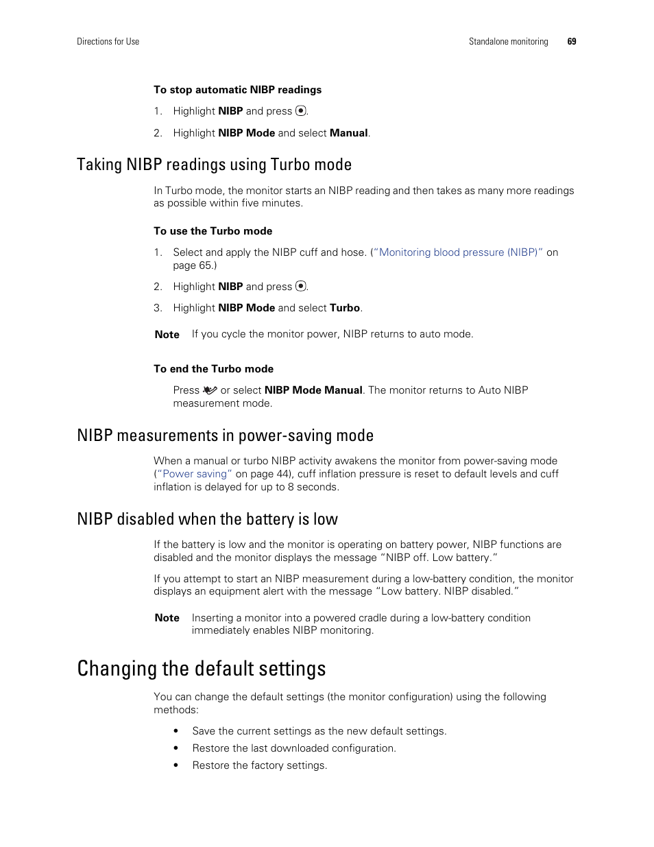Changing the default settings, Taking nibp readings using turbo mode, Nibp measurements in power-saving mode | Nibp disabled when the battery is low | Welch Allyn 901061 Propaq LT Vital Signs Monitor - User Manual User Manual | Page 73 / 196