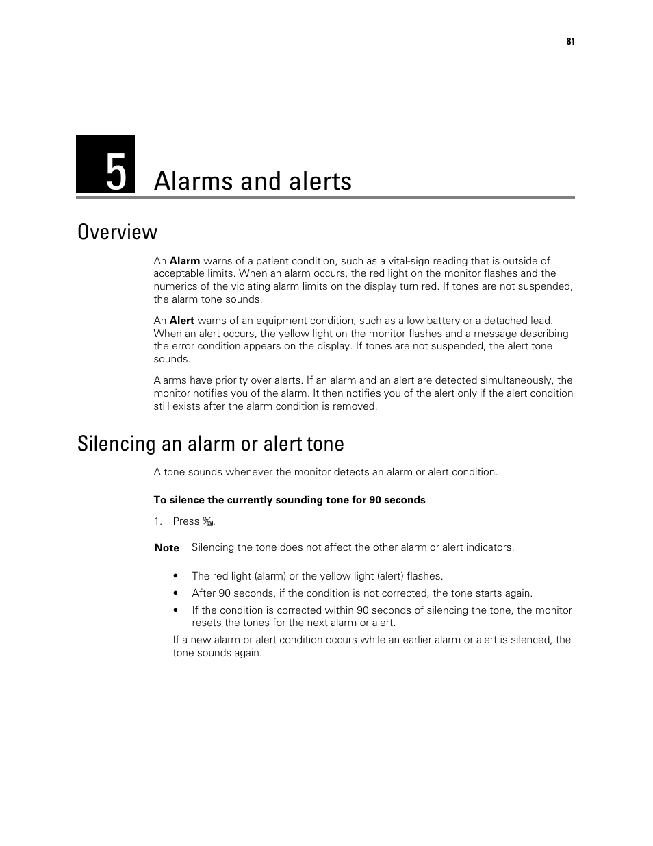 Alarms and alerts, Overview, Silencing an alarm or alert tone | 5 - alarms and alerts, Overview silencing an alarm or alert tone | Welch Allyn 901061 Propaq LT Vital Signs Monitor - User Manual User Manual | Page 85 / 196