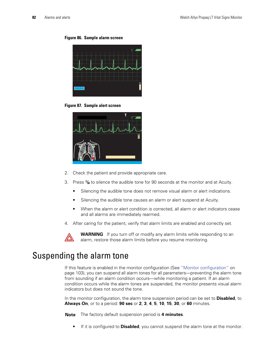 Suspending the alarm tone | Welch Allyn 901061 Propaq LT Vital Signs Monitor - User Manual User Manual | Page 86 / 196