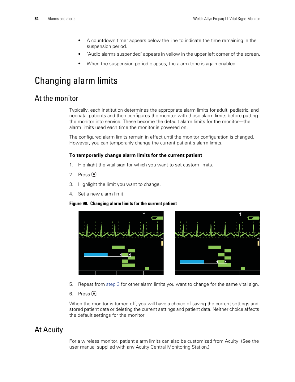 Changing alarm limits, At the monitor, At acuity | Welch Allyn 901061 Propaq LT Vital Signs Monitor - User Manual User Manual | Page 88 / 196