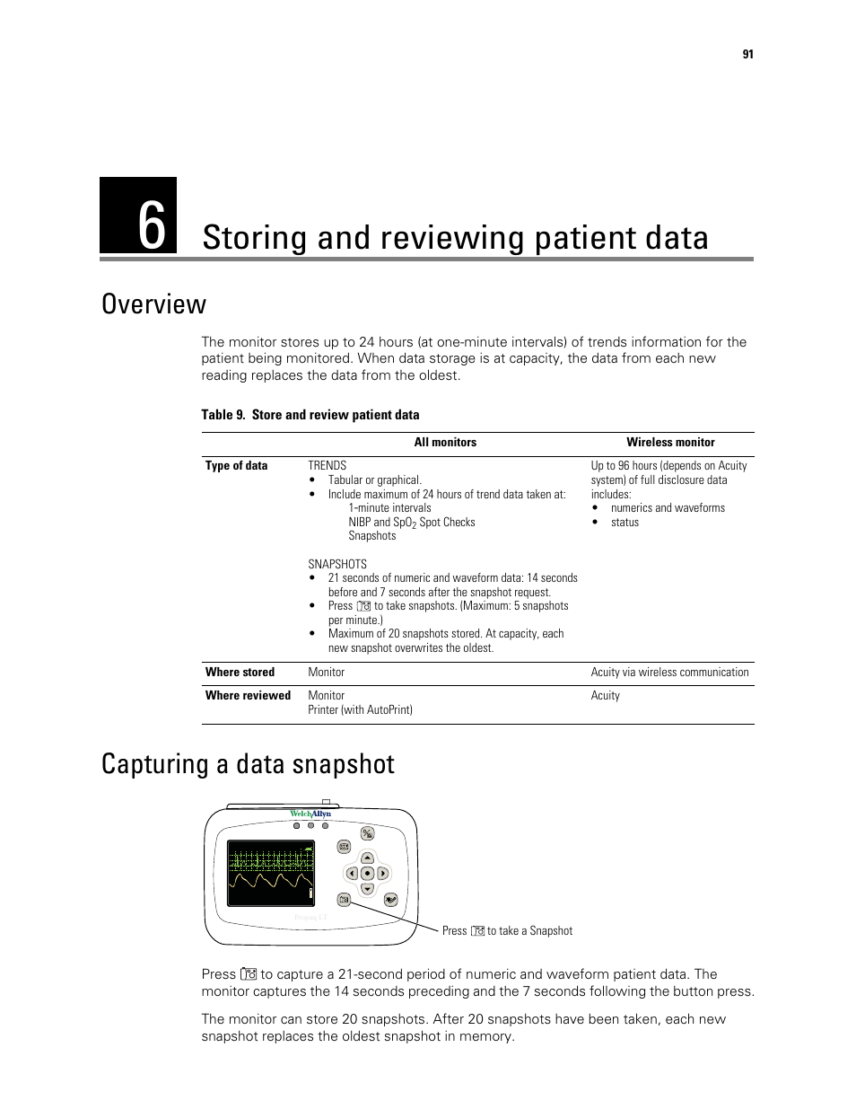 Storing and reviewing patient data, Overview, Capturing a data snapshot | 6 - storing and reviewing patient data, Overview capturing a data snapshot | Welch Allyn 901061 Propaq LT Vital Signs Monitor - User Manual User Manual | Page 95 / 196