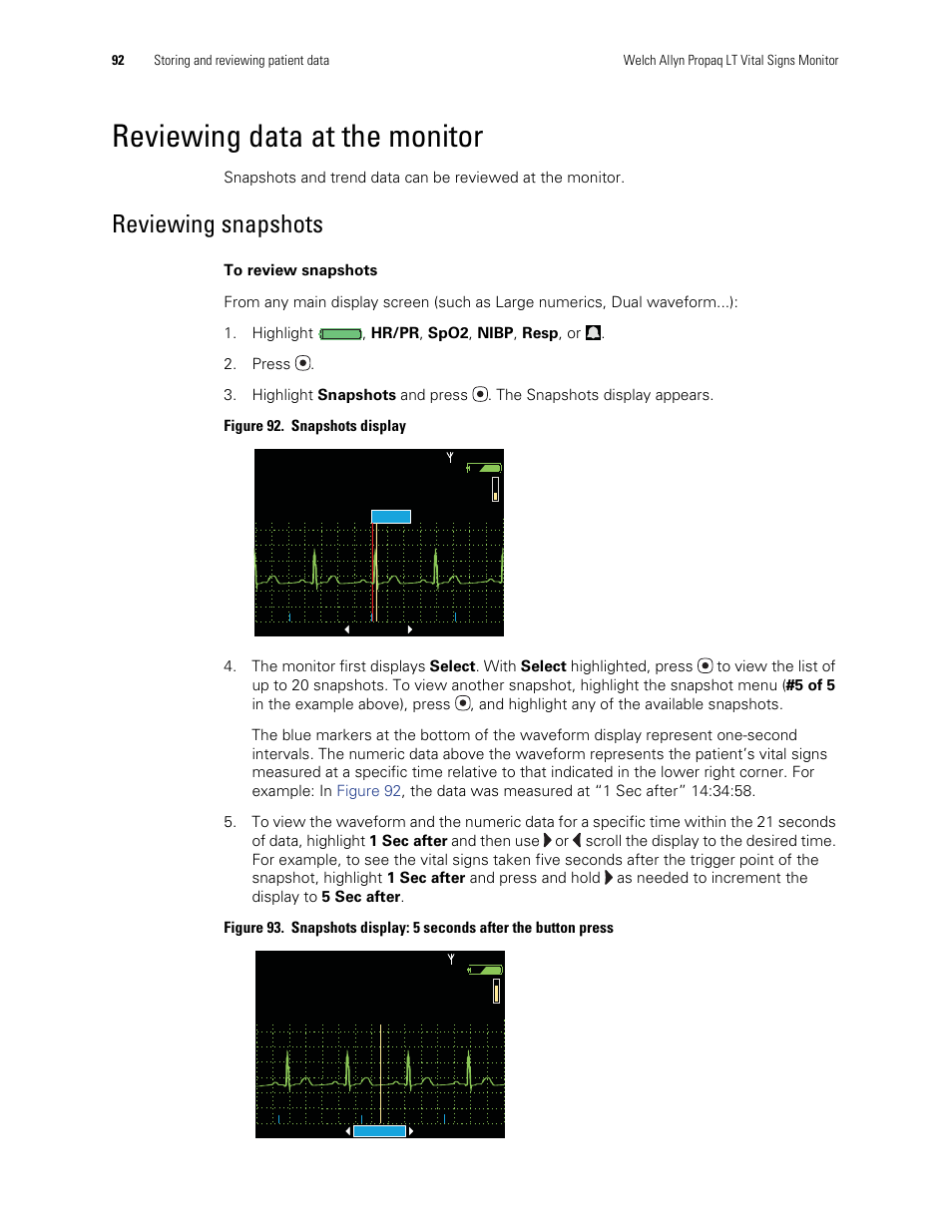 Reviewing data at the monitor, Reviewing snapshots | Welch Allyn 901061 Propaq LT Vital Signs Monitor - User Manual User Manual | Page 96 / 196