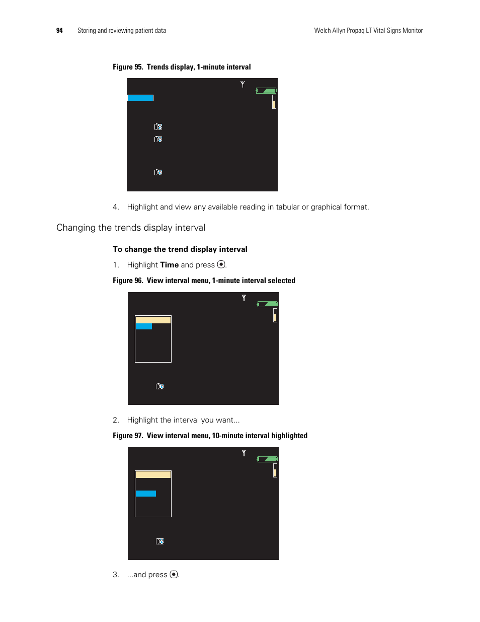 Changing the trends display interval | Welch Allyn 901061 Propaq LT Vital Signs Monitor - User Manual User Manual | Page 98 / 196