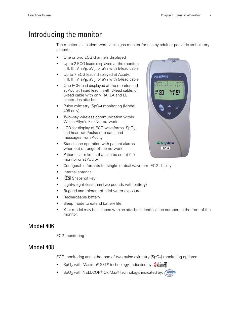 Introducing the monitor, Model 406, Model 408 | Welch Allyn 408 Micropaq Monitor - User Manual User Manual | Page 11 / 82