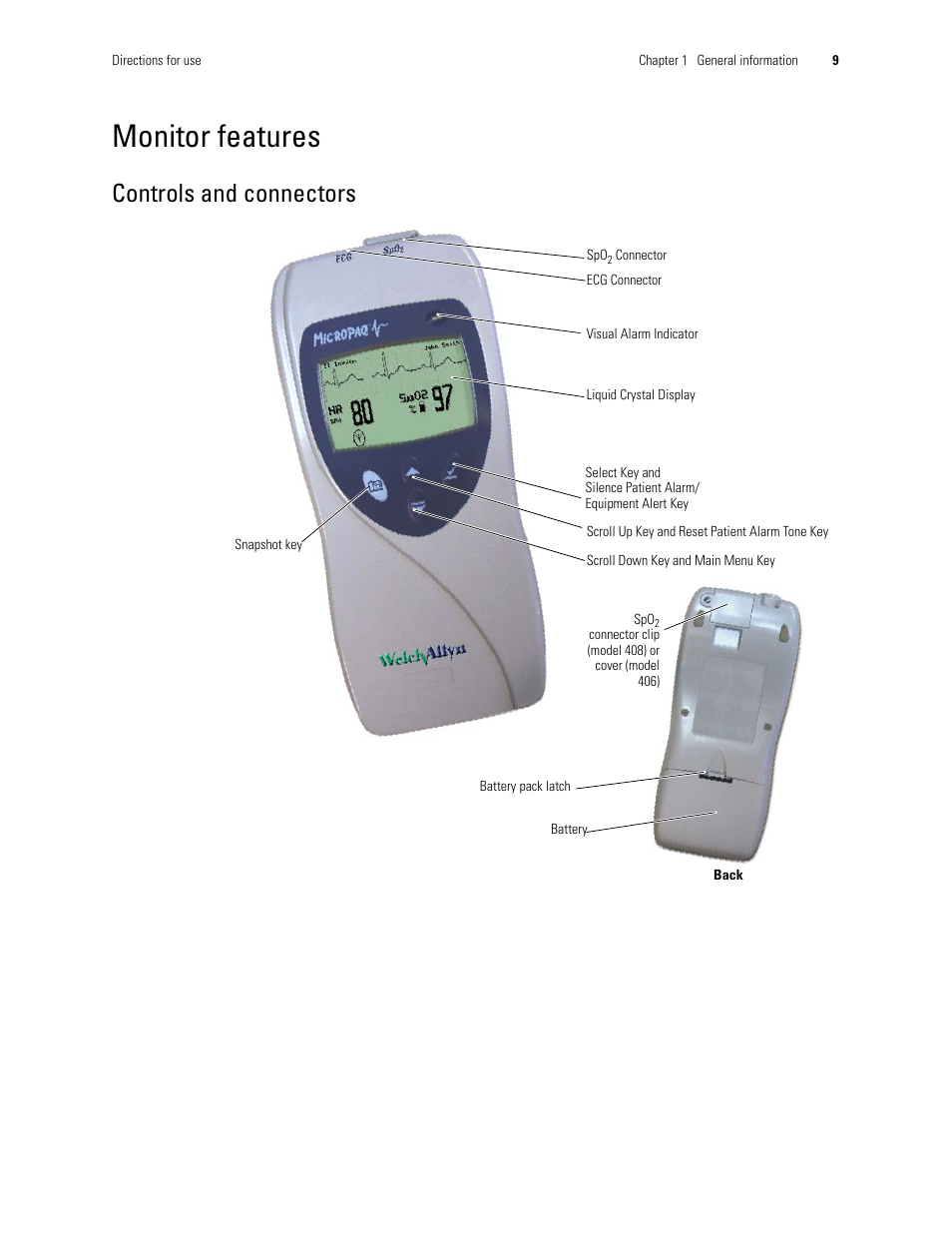 Monitor features, Controls and connectors | Welch Allyn 408 Micropaq Monitor - User Manual User Manual | Page 13 / 82